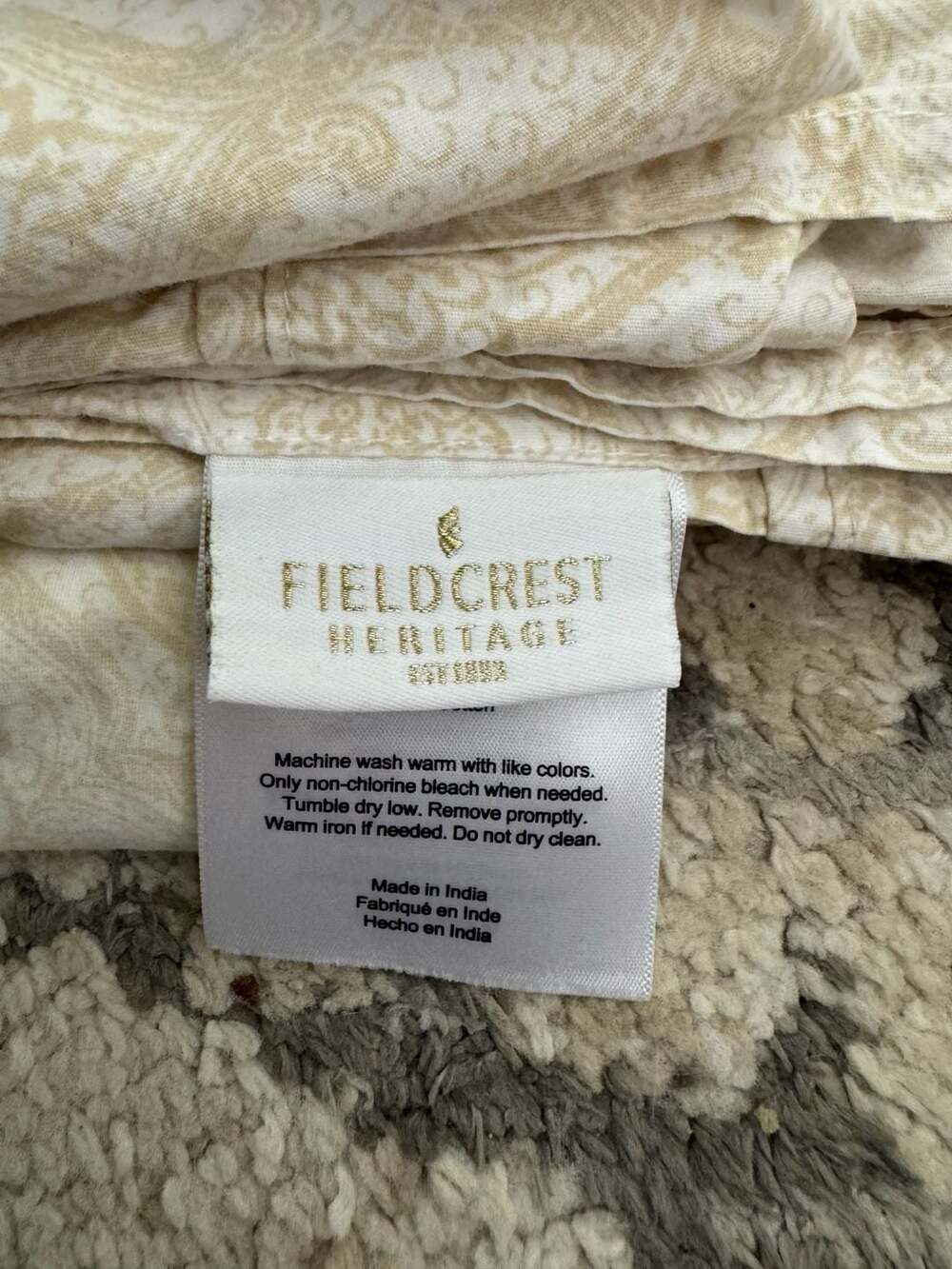Fieldcrest Heritage bedding Paisley Beige Cotton king size sheet & pillow case